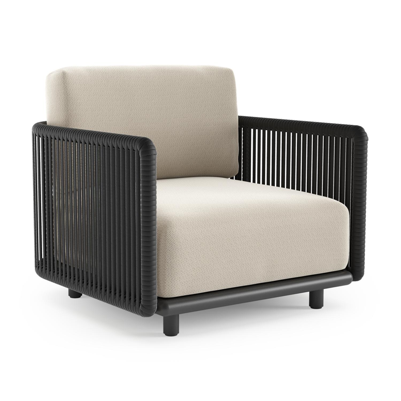 Organo loungestoel in zwart aluminium en zwart verticaal geweven luxe vlakke rope met lopi marble all weather Sunbrella® luxe kussen