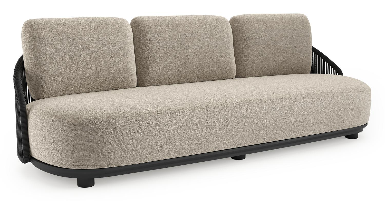 Canapé de jardin Vadelo en aluminium noir et corde ronde tissée verticalement noir et coussins en all weather cosytica catania greige