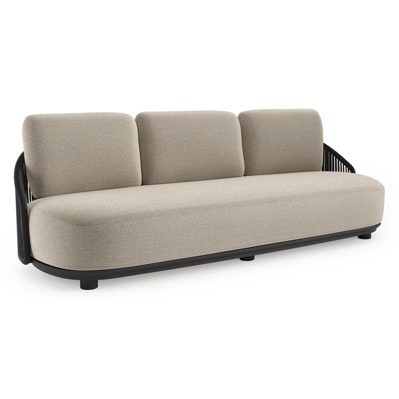 Canapé de jardin Vadelo en aluminium noir et corde ronde tissée verticalement noir et coussins en all weather cosytica catania greige