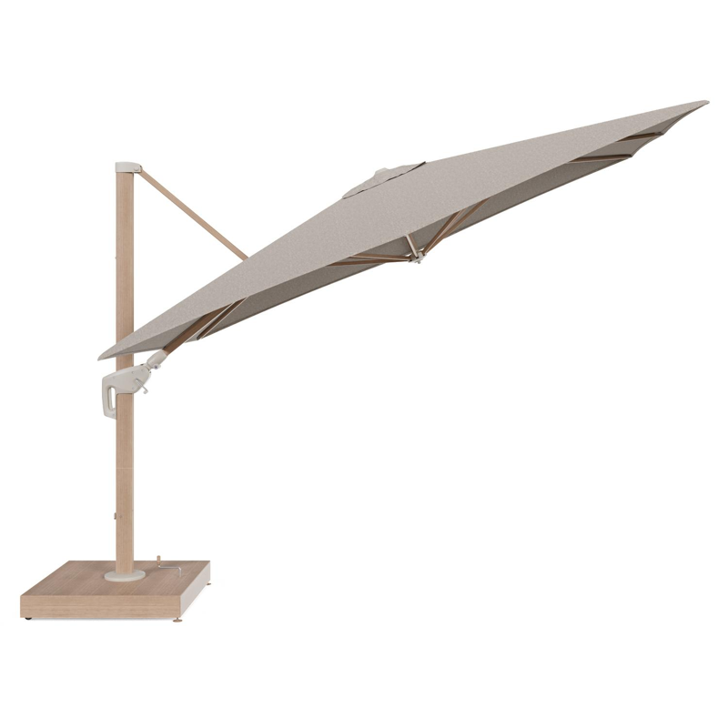 Parasol pendant Minore tilt en aluminium aspect de bois et toile All Weather Sunbrella® Luxe Chartres Pewter - Lg.1: 280 x Lg.2: 370 cm avec pied de parasol Minore 260 kg avec roulettes