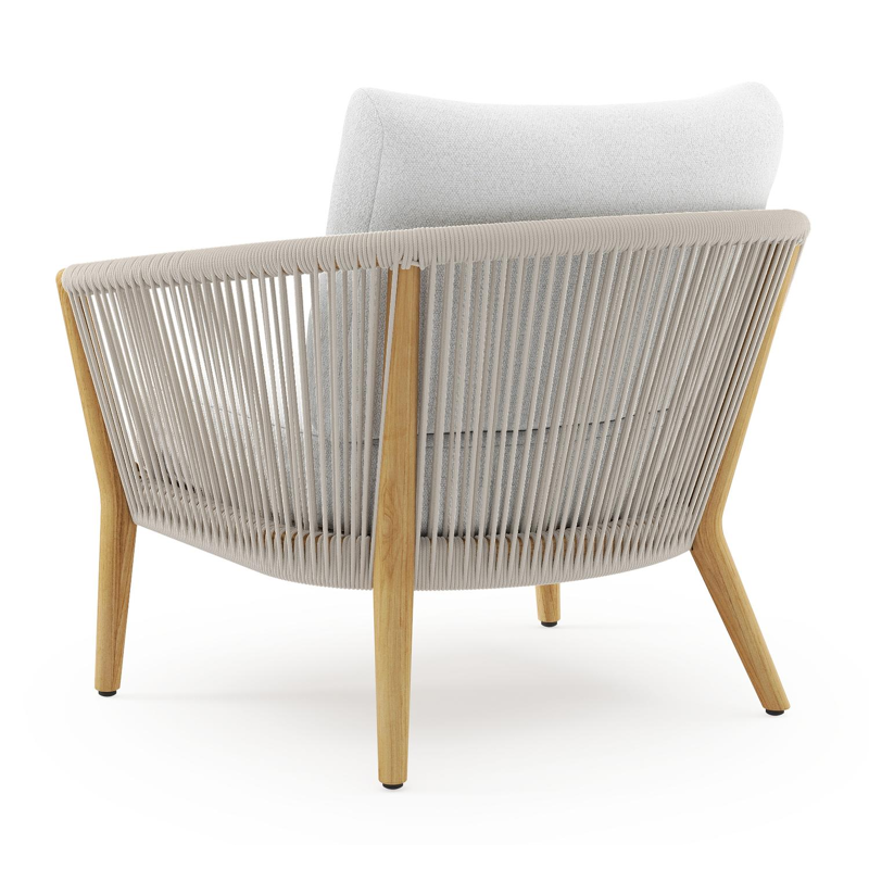 Orso loungestoel in teak en beige verticaal geweven ronde rope met Ego Birch all weather solica kussen