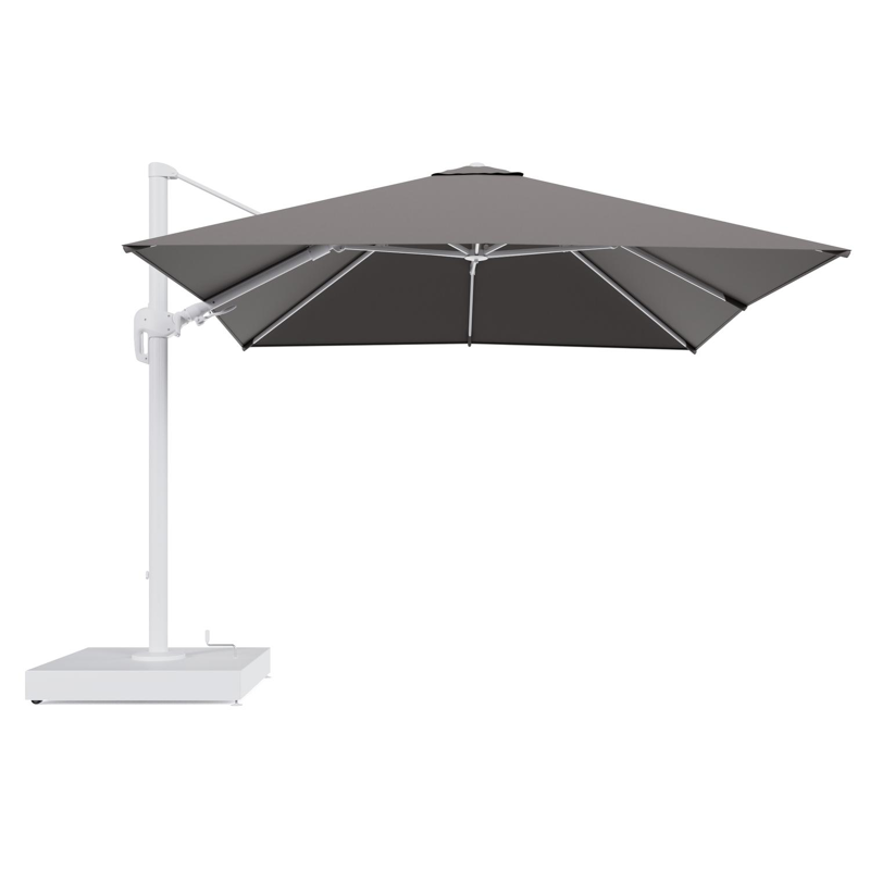 Rufina zweefparasol met tiltfunctie in wit aluminium en Natte Nature Grey All Weather Sunbrella® Luxe parasoldoek - L1 300 x L2 300 cm met parasolvoet Minore 260 kg met wielen