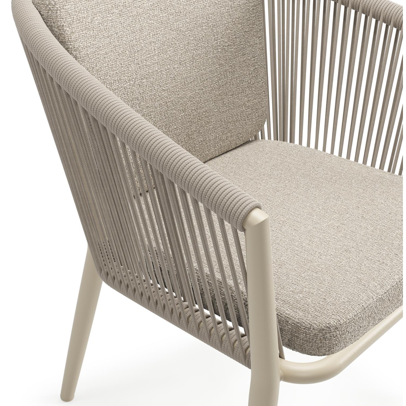Chaise de jardin Orso en aluminium beige et corde ronde tissée verticalement beige avec coussin en All Weather Cosytica Catania Sand