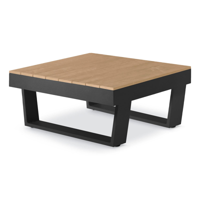 Salon de jardin d'angle Alora en aluminium noir et polywood avec coussin en gris polyester et table basse