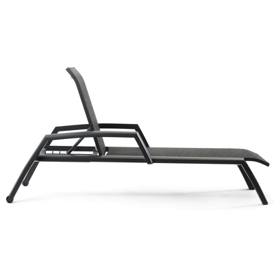 Chaise longue réglable Bari en aluminium noir avec textilène noir avec accoudoir