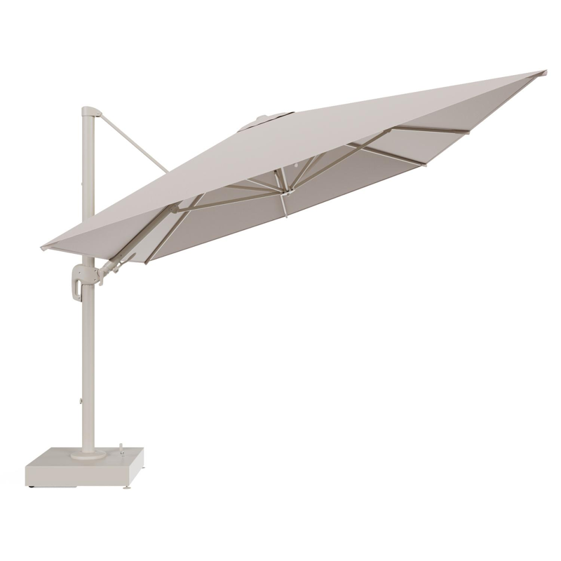 Rufina zweefparasol met tiltfunctie in beige aluminium en Wander Pilat All Weather Sunbrella® Luxe parasoldoek - L1 400 x L2 300 cm met parasolvoet Minore 150 kg met wielen