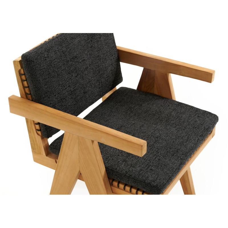 Trentino tuinstoel in teak en naturel ronde wicker met kussen in chartres sooty all weather sunbrella® luxe