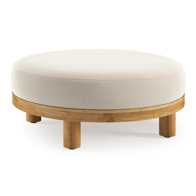 Salon de jardin pouf Donato en teck et corde ronde tissée verticalement beige et coussins en all weather sunbrella® luxe Lopi Marble