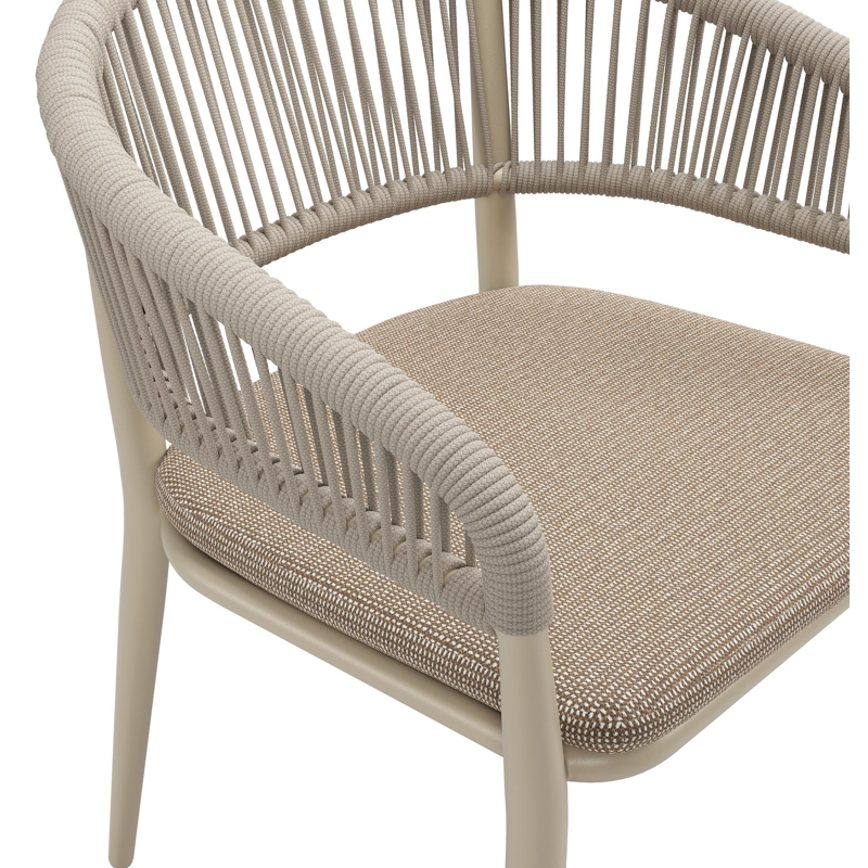 Tolfa stapelbare tuinstoel in beige aluminium en beige verticaal geweven ronde rope met stoelkussen in All Weather Solica Firenze Earth