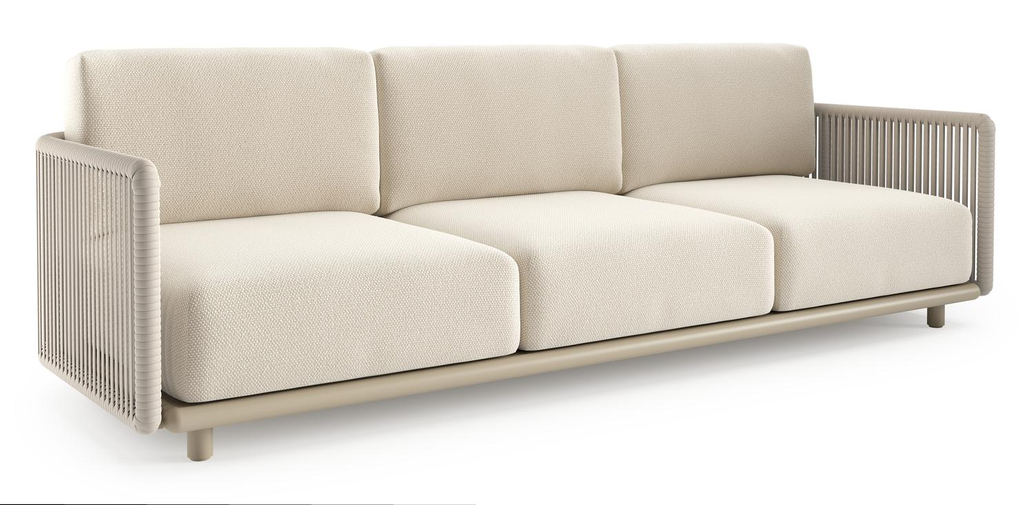 Canapé de jardin Organo en aluminium beige et corde luxe plate tissée verticalement beige et coussin en all weather Cosytica althea off white