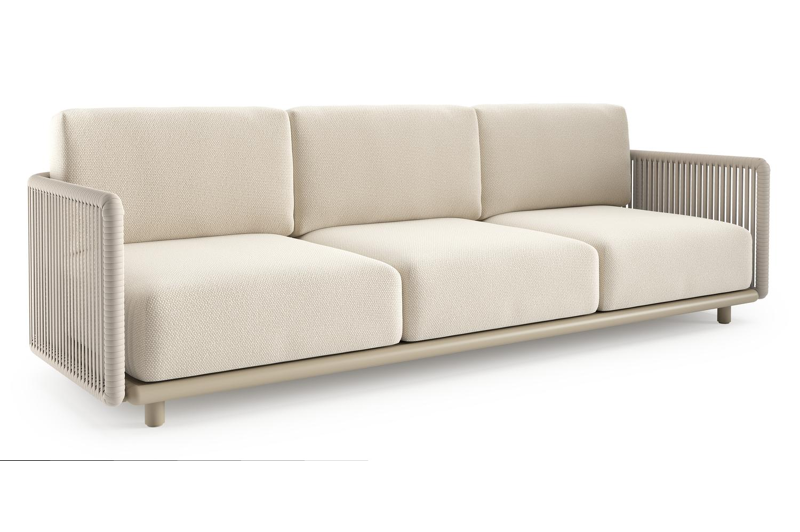 Organo loungebank in beige aluminium en beige verticaal geweven luxe vlakke rope met althea off white all weather Cosytica kussen