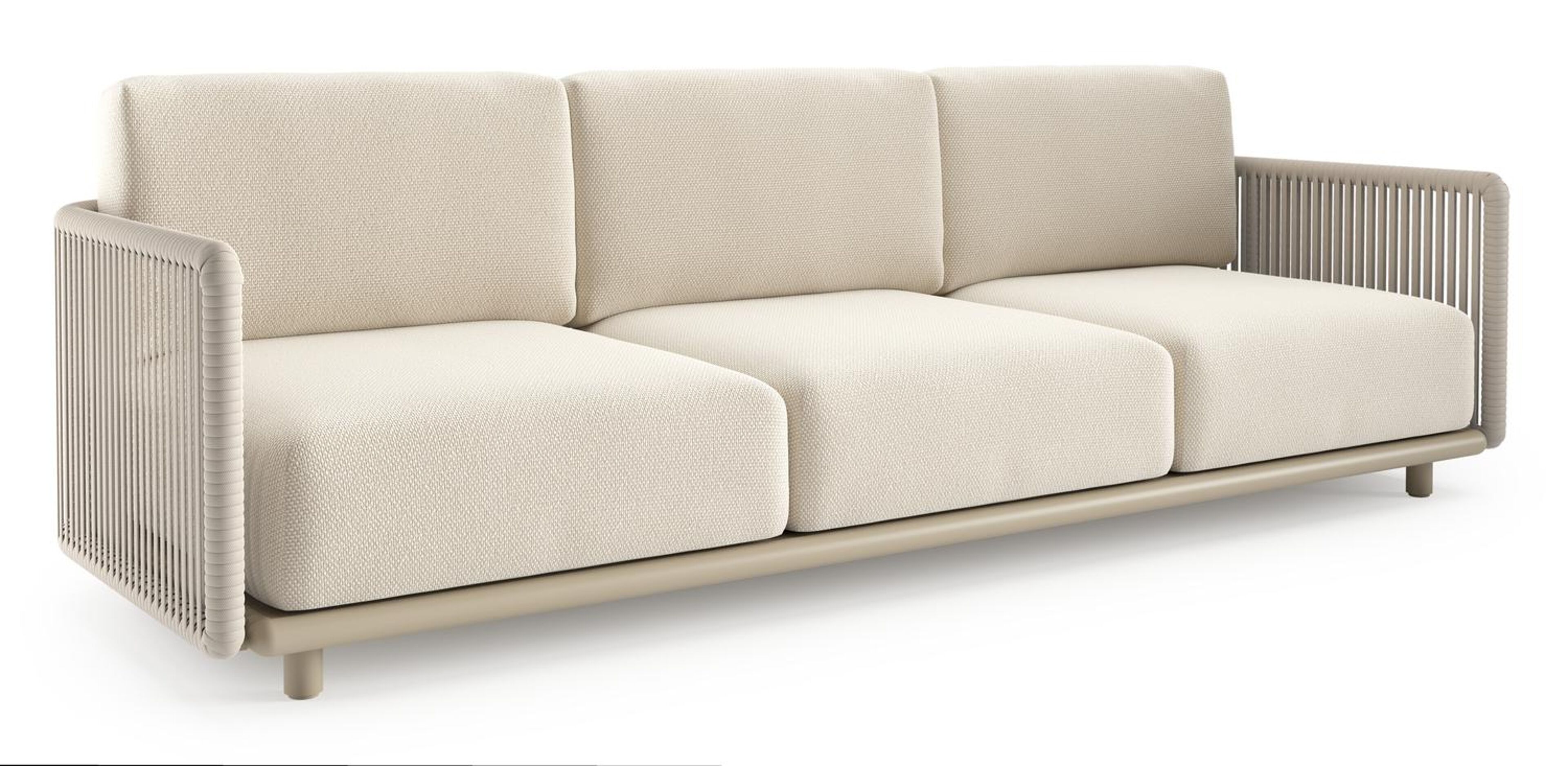 Organo loungebank in beige aluminium en beige verticaal geweven luxe vlakke rope met althea off white all weather Cosytica kussen