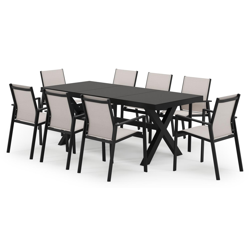Bahia tuinset in zwart aluminium en zwart sintered stone met 8 stapelbare Bahia tuinstoelen