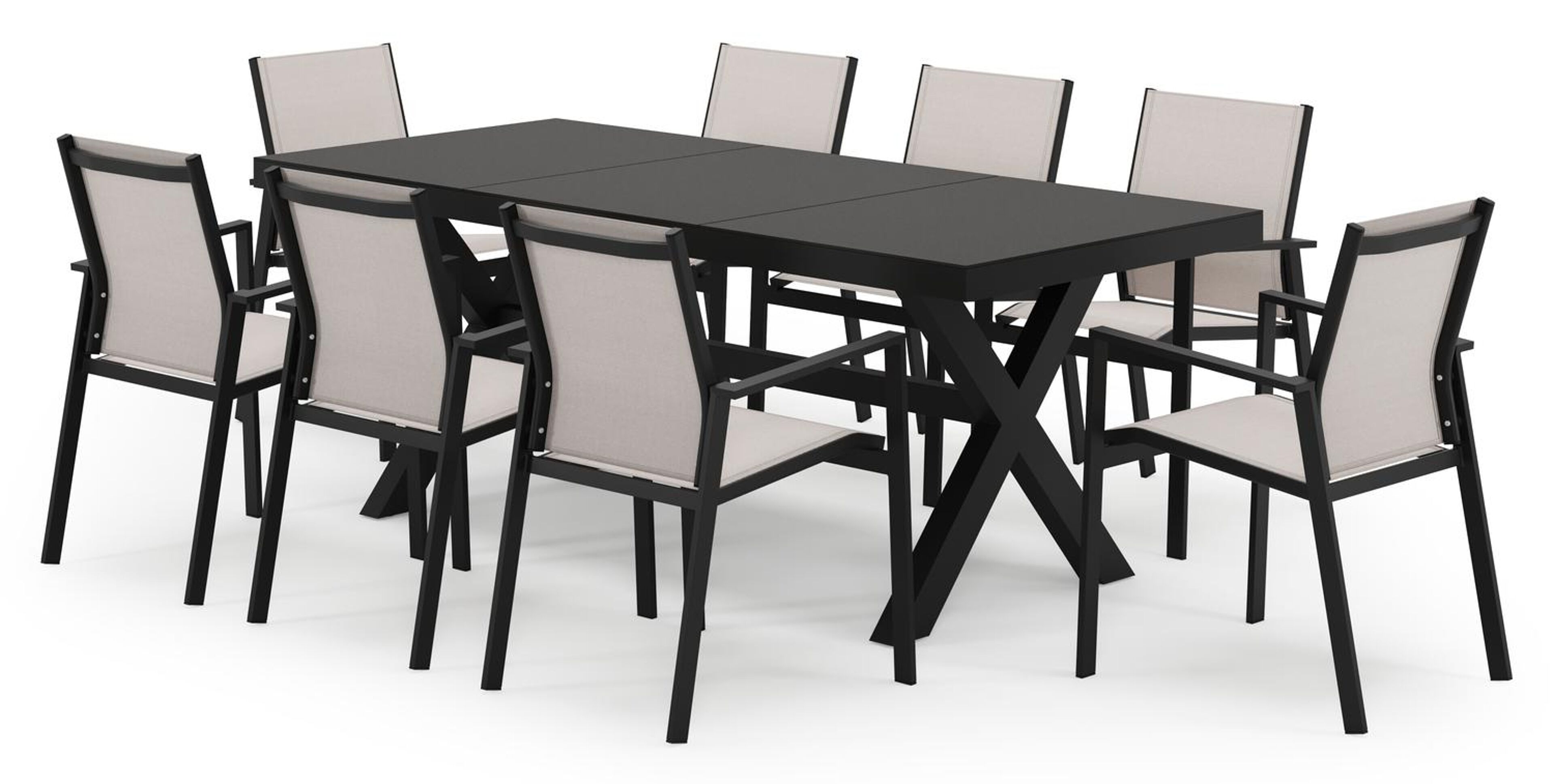 Bahia tuinset in zwart aluminium en zwart sintered stone met 8 stapelbare Bahia tuinstoelen