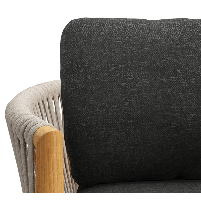 Organo tuinstoel in teak en beige verticaal geweven luxe vlakke rope met zitkussen in All Weather Sunbrella® Luxe Chartres Sooty