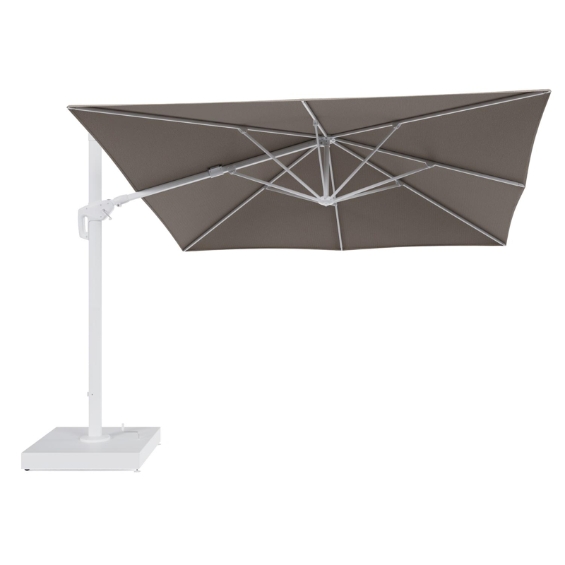 Parasol pendant Minore avec fonction tilt en aluminium blanc et toile de parasol All Weather Solica Firenze Earth - Lg.1: 350 x Lg.2: 350 cm avec pied de parasol Minore 260 kg avec roulettes