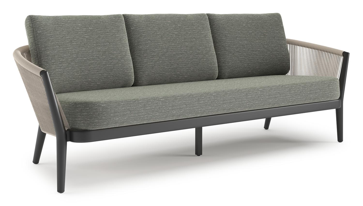 Orso loungebank in zwart aluminium en beige verticaal geweven ronde rope met Slow Fern all weather sunbrella® luxe kussen