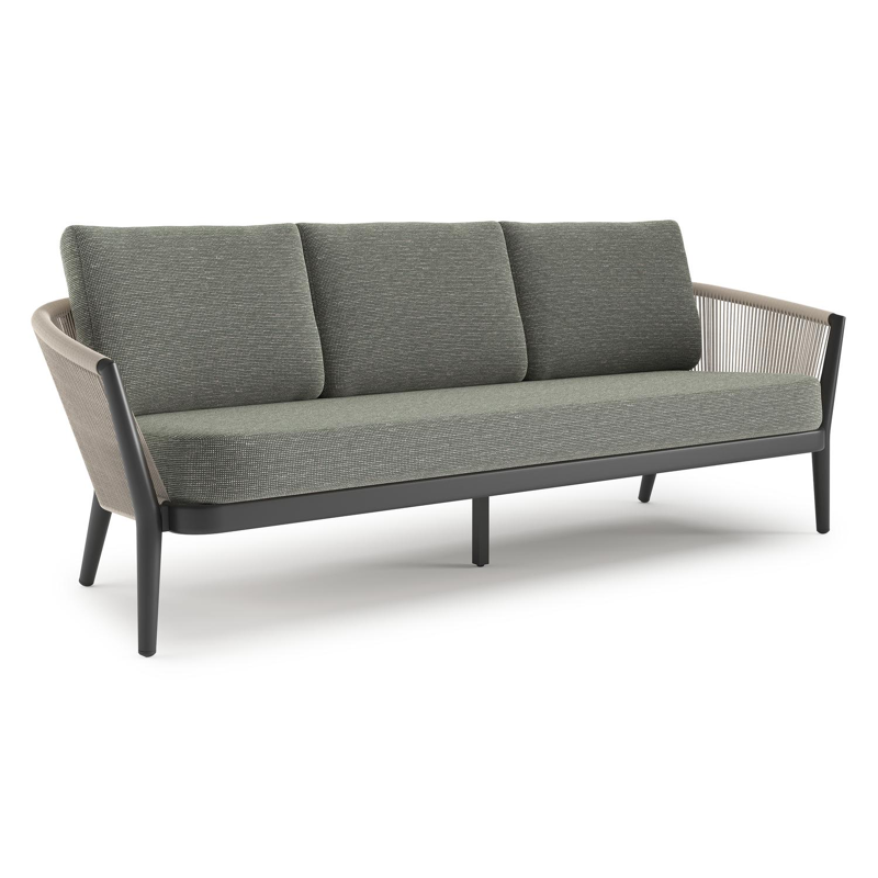 Canapé de jardin Orso en aluminium noir en corde ronde tissée verticalement beige et coussins en all weather sunbrella® luxe Slow Fern