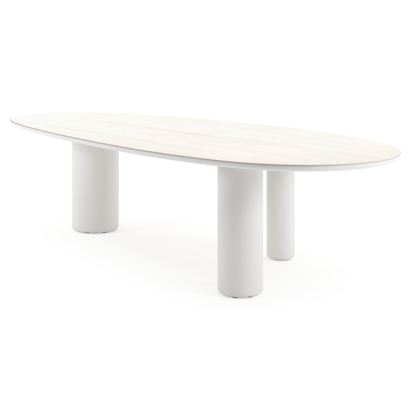 Table de jardin Amico mangue en aluminium blanc et céramique pleine Travertino Bianco - Lg. 320 x Lrg. 140 x Haut. 73.5 cm