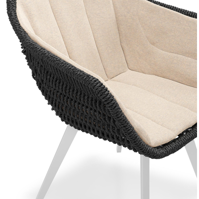 Pagino tuinstoel in wit aluminium en zwart ronde wicker met zitkussen in All Weather Sunbrella® Luxe Heritage Papyrus