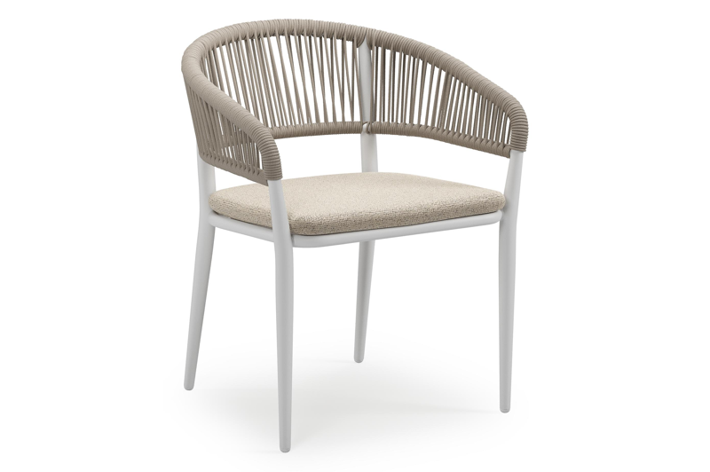 Tolfa stapelbare tuinstoel in wit aluminium en beige verticaal geweven ronde rope met stoelkussen in All Weather Cosytica Marbella Beige