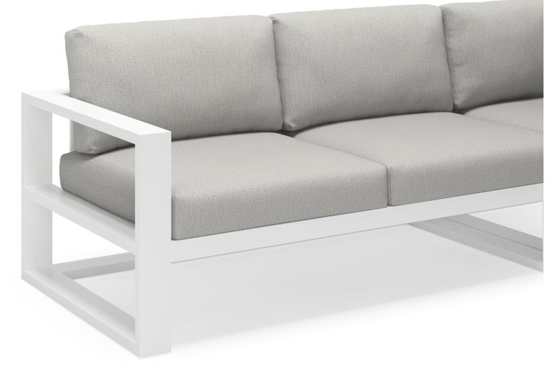 Verato loungehoek in wit aluminium met tweed dune all weather sunbrella® luxe kussens