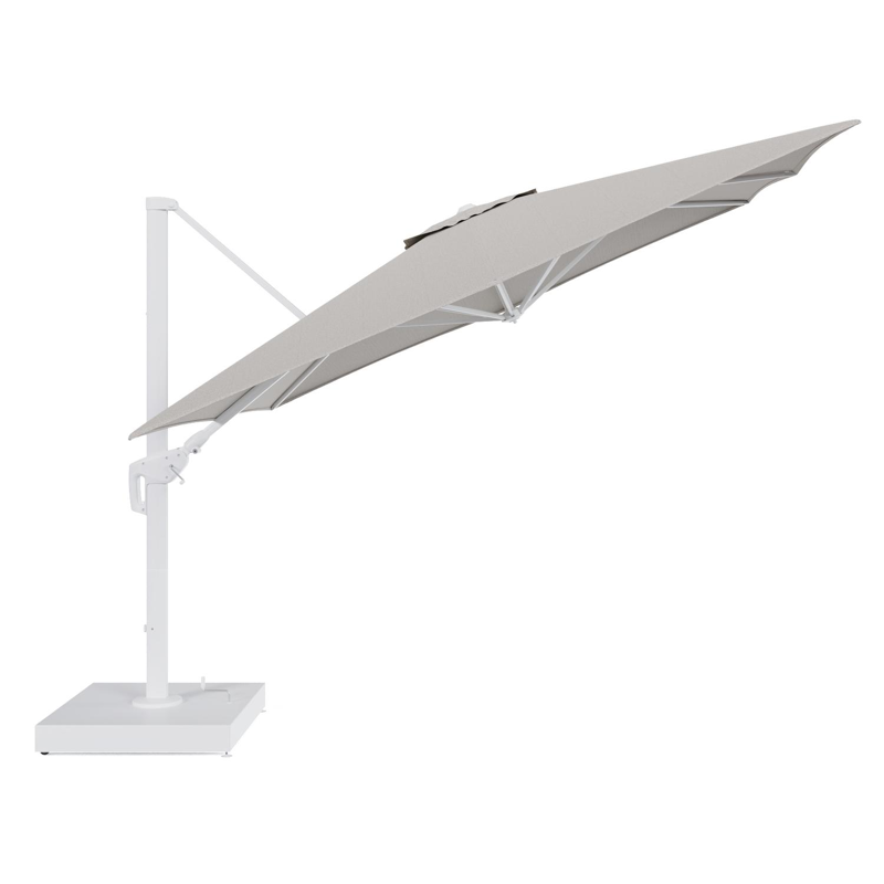 Minore zweefparasol met tiltfunctie in wit aluminium en Firenze Sand All Weather Solica parasoldoek - L1 350 x L2: 350 cm met parasolvoet Minore 260 kg met wielen