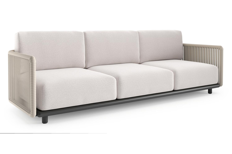 Organo loungebank in zwart aluminium en beige verticaal geweven luxe vlakke rope met ego eggshell all weather Solica kussen