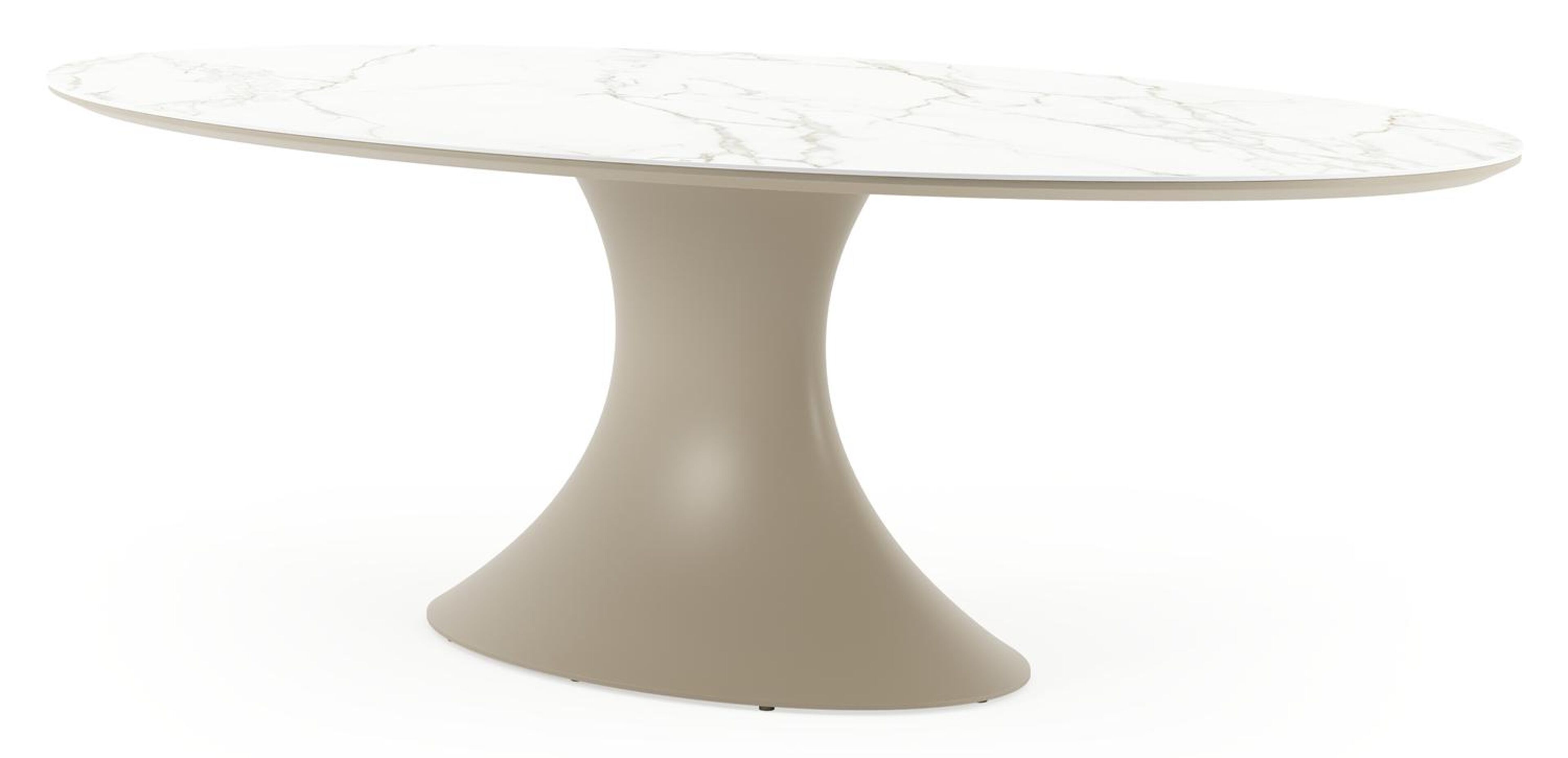 Table de jardin Fano ovale en aluminium beige et céramique pleine Calacatta - Lg. 240 x Lrg. 135 x Haut. 75 cm