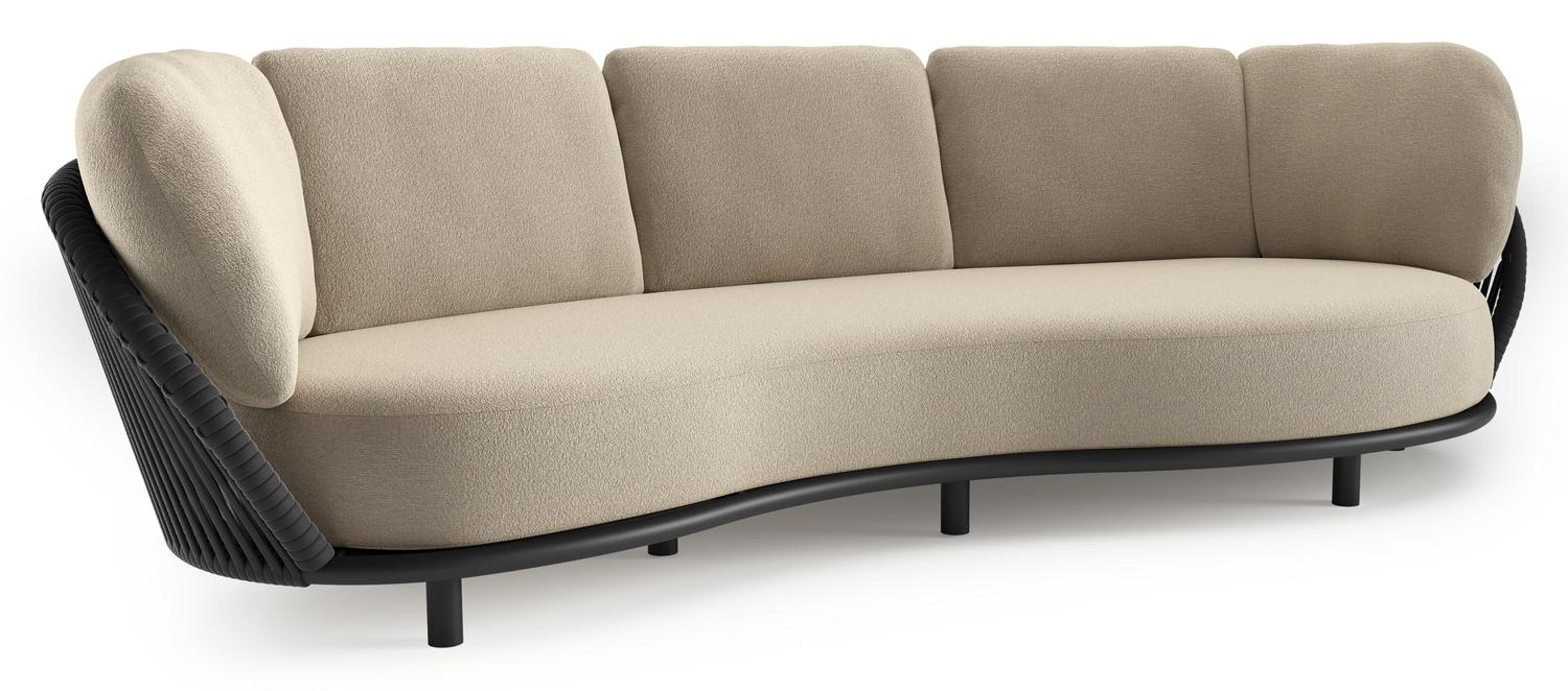 Lupino loungebank in zwart aluminium en zwart verticaal geweven luxe vlakke brede rope met marbella sand all weather cosytica kussen