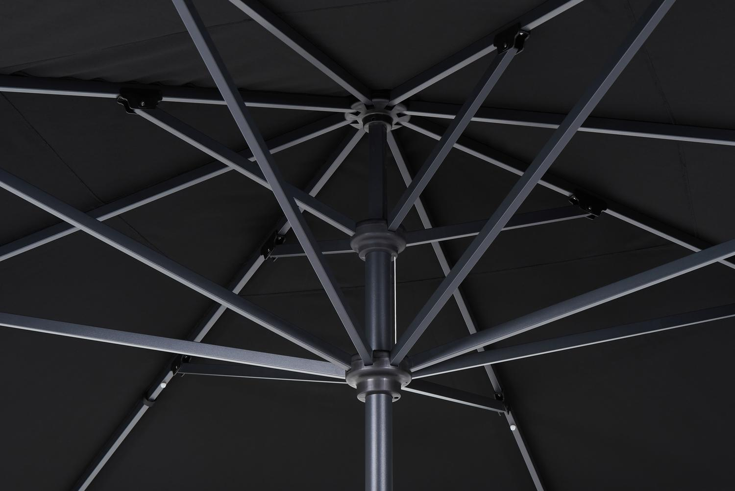 Solino staanparasol in zwart aluminium met zwart all weather sunbrella® premium parasoldoek - L1 400 x L2 400 cm (met voet)