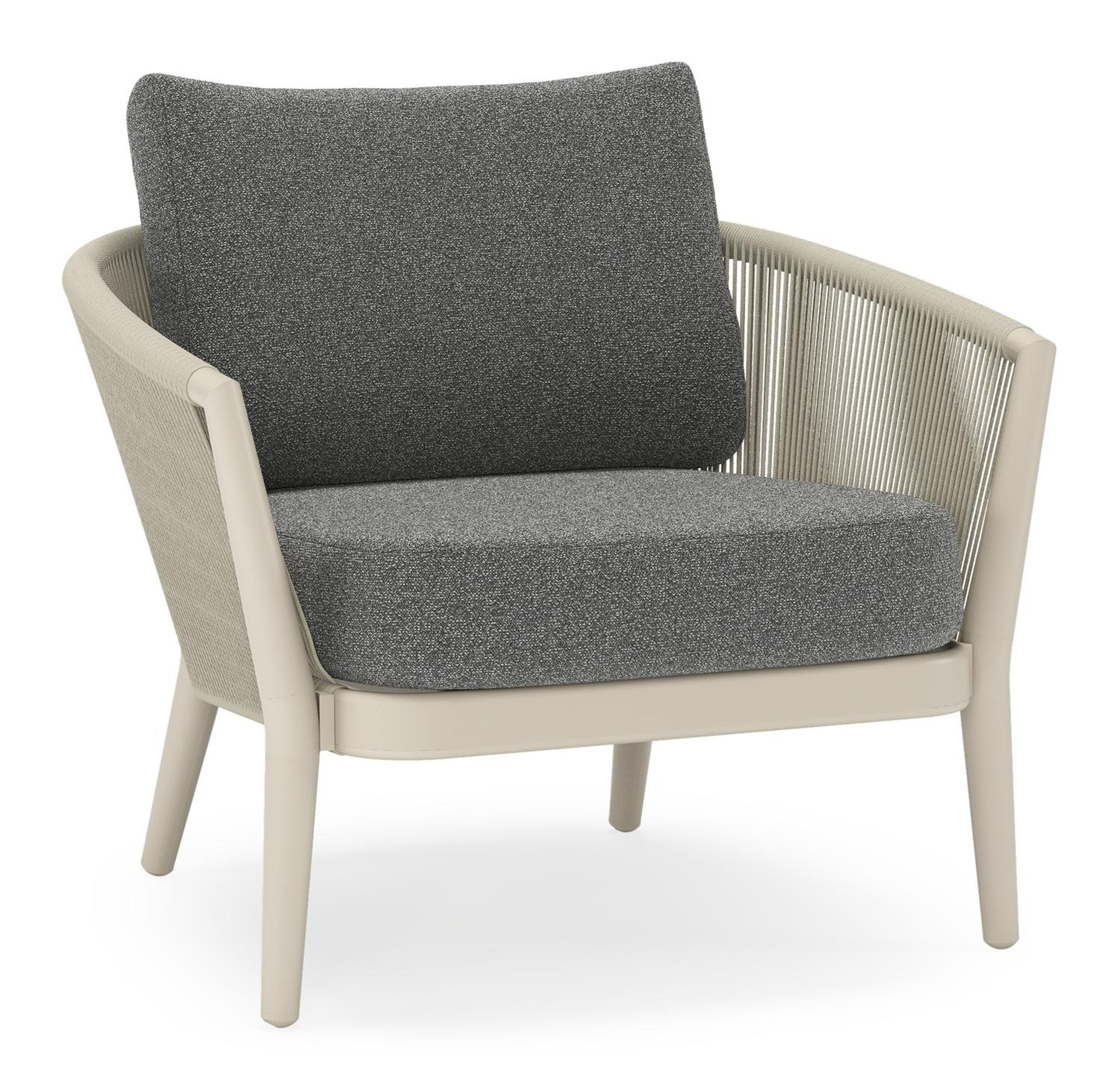 Orso loungestoel in beige aluminium en beige verticaal geweven ronde rope met Catania Black all weather cosytica kussen