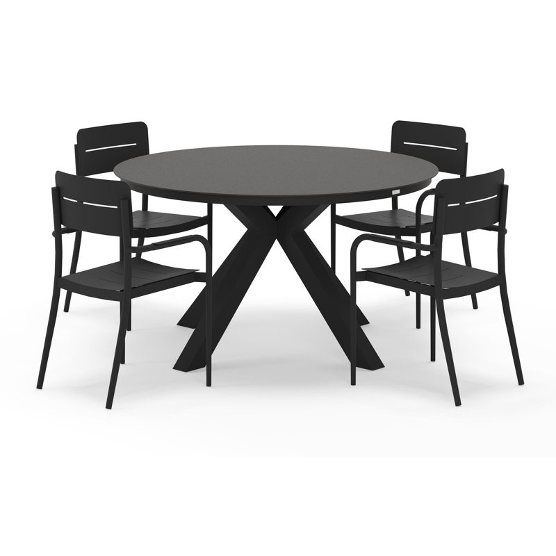 Tora tuinset rond in zwart aluminium en sintered stone zwart met 4 Salto tuinstoelen