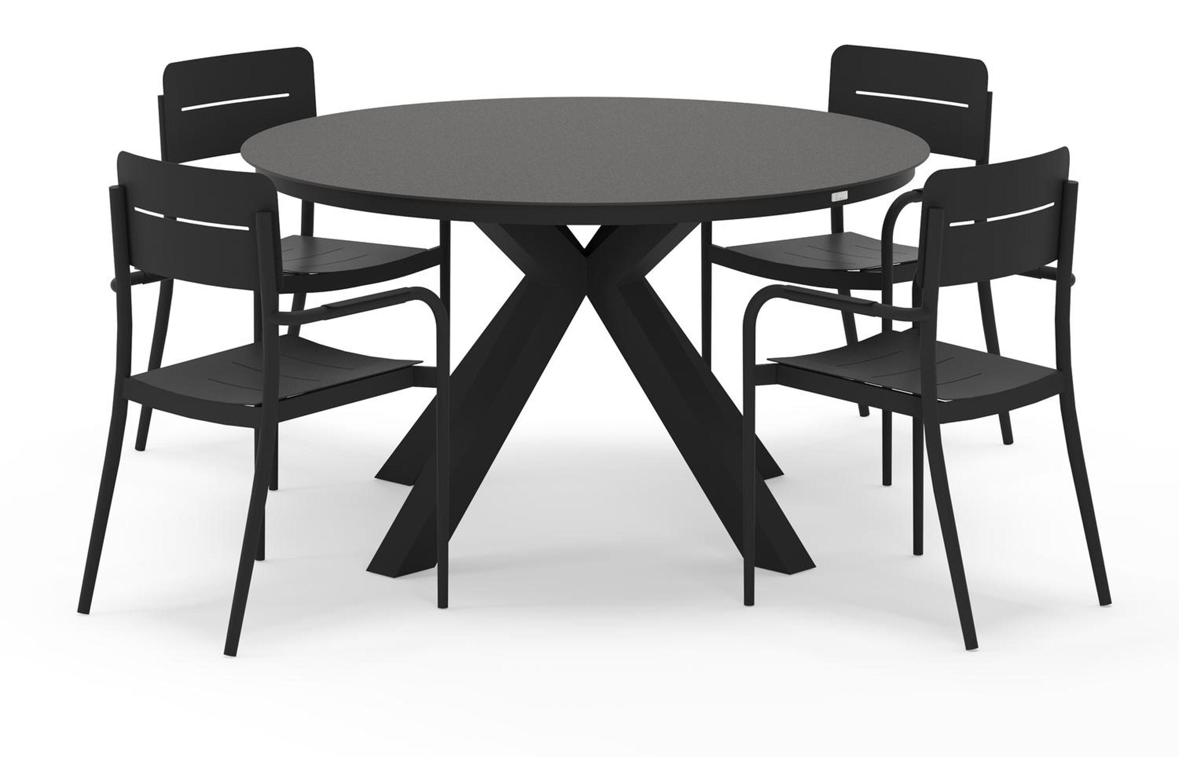 Tora tuinset rond in zwart aluminium en sintered stone zwart met 4 Salto tuinstoelen