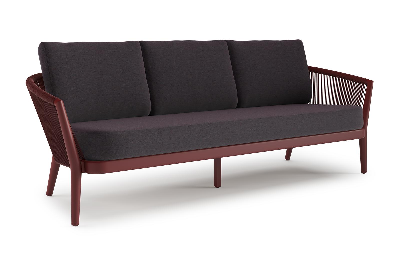 Orso loungebank in ruby aluminium en ruby verticaal geweven ronde rope met Tundra Red all weather sunbrella® luxe kussen