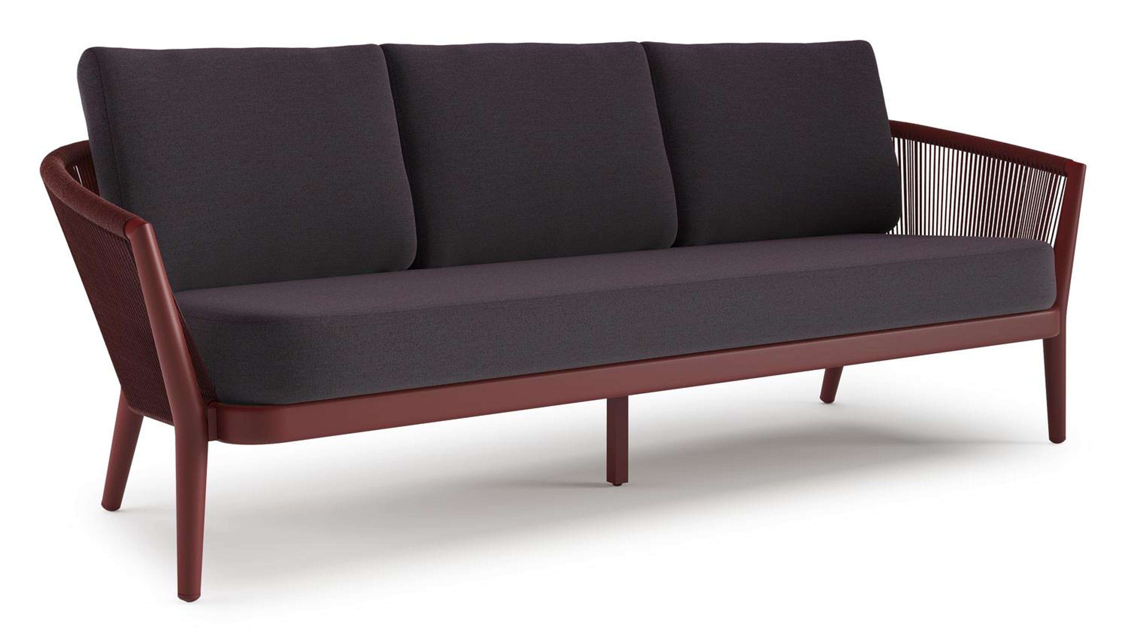 Orso loungebank in ruby aluminium en ruby verticaal geweven ronde rope met Tundra Red all weather sunbrella® luxe kussen