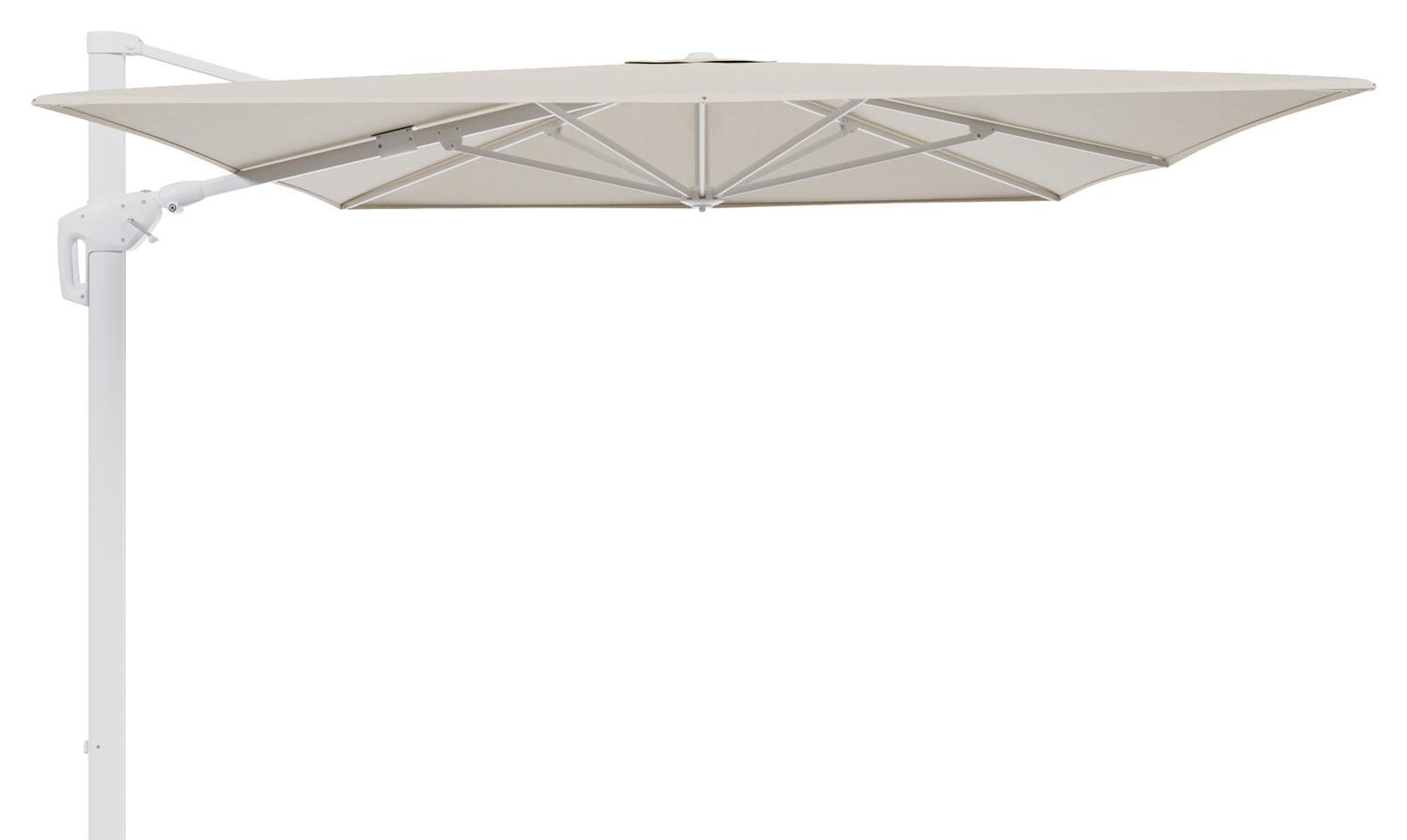 Parasol pendant Minore avec fonction tilt en aluminium blanc et Sunbrella Premium beige - Lg.1 400 x Lg.2 300 cm