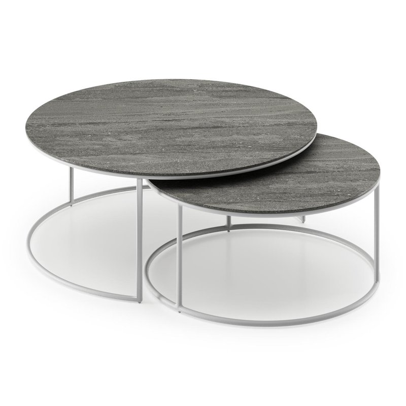 Fano loungetafels in wit aluminium en aspen grey volkeramiek - Dia. 85/65 X H 35/30 cm