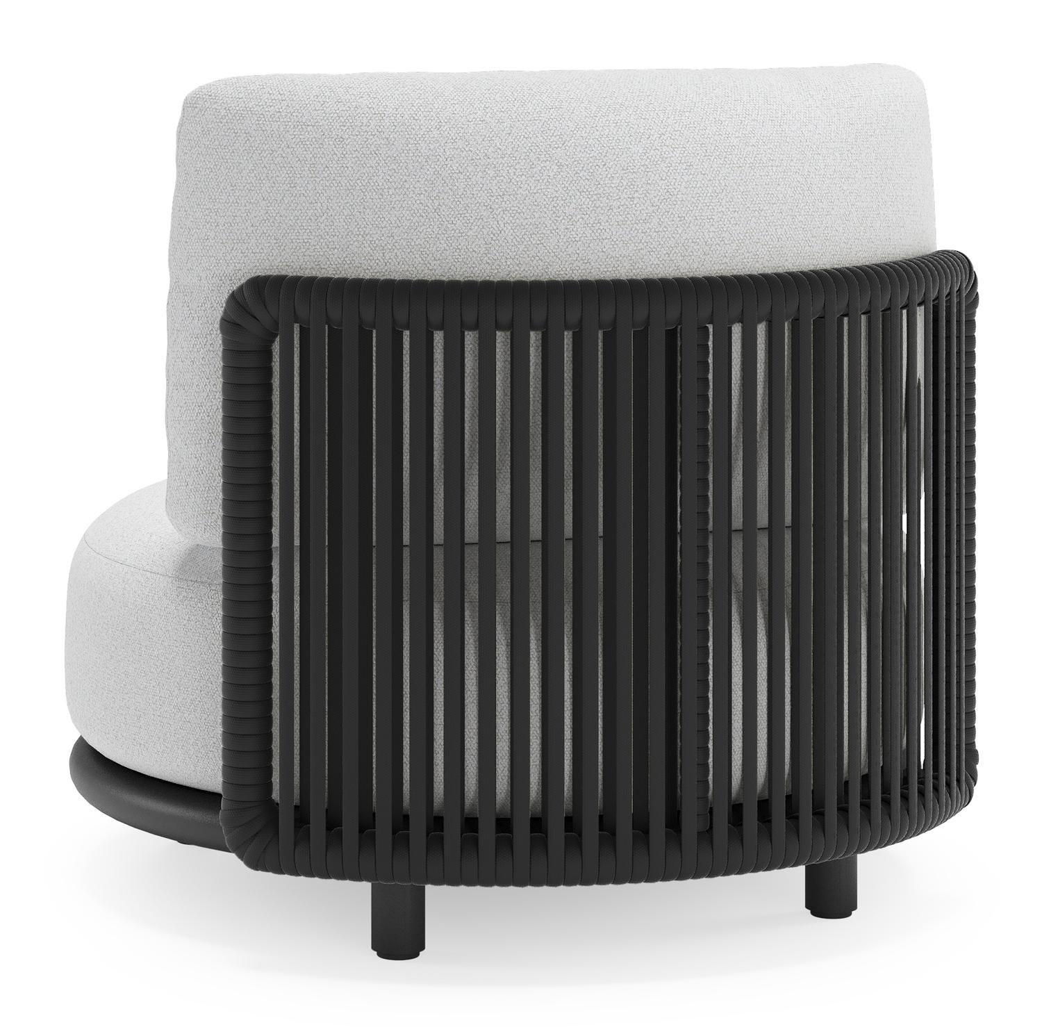 Fauteuil de jardin Lomano en aluminium noir et corde luxe plate tissée verticalement beige et coussins en all weather solica ego birch