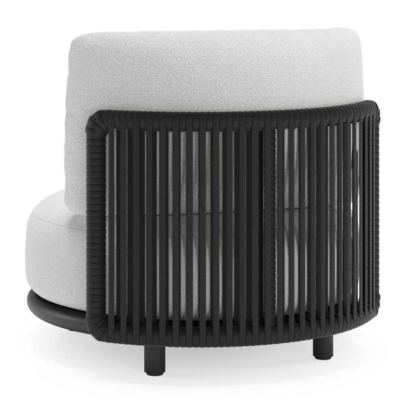 Fauteuil de jardin Lomano en aluminium noir et corde luxe plate tissée verticalement beige et coussins en all weather solica ego birch