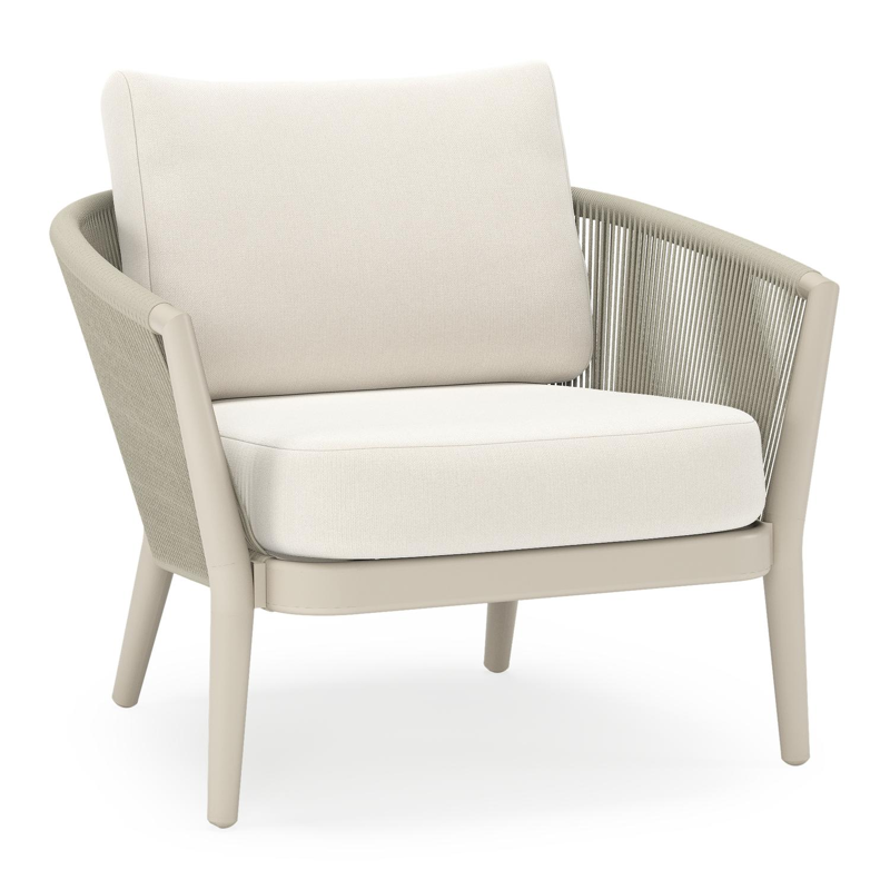 Fauteuil de jardin Orso en aluminium beige en corde ronde tissée verticalement beige et coussins en all weather sunbrella® luxe Savane White