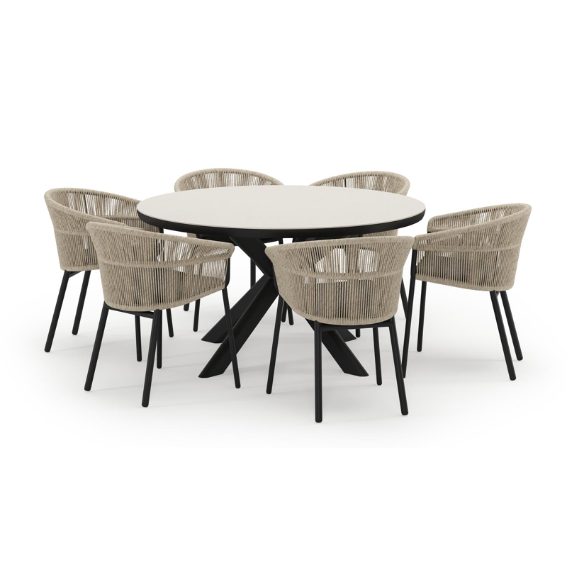 Pamplona ensemble de jardin ronde en aluminium noir en sintered stone crema minerale avec 6 chaises de jardin Matera