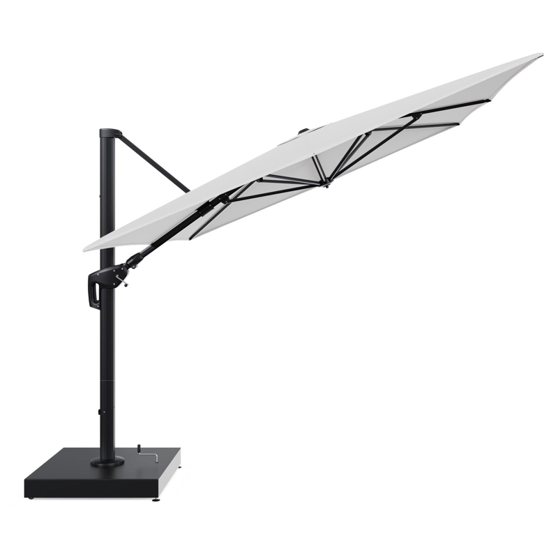 Minore zweefparasol met tiltfunctie in zwart aluminium en Soul Optik All Weather Solica parasoldoek - L1 400 x L2 300 cm met parasolvoet Minore 260 kg met wielen