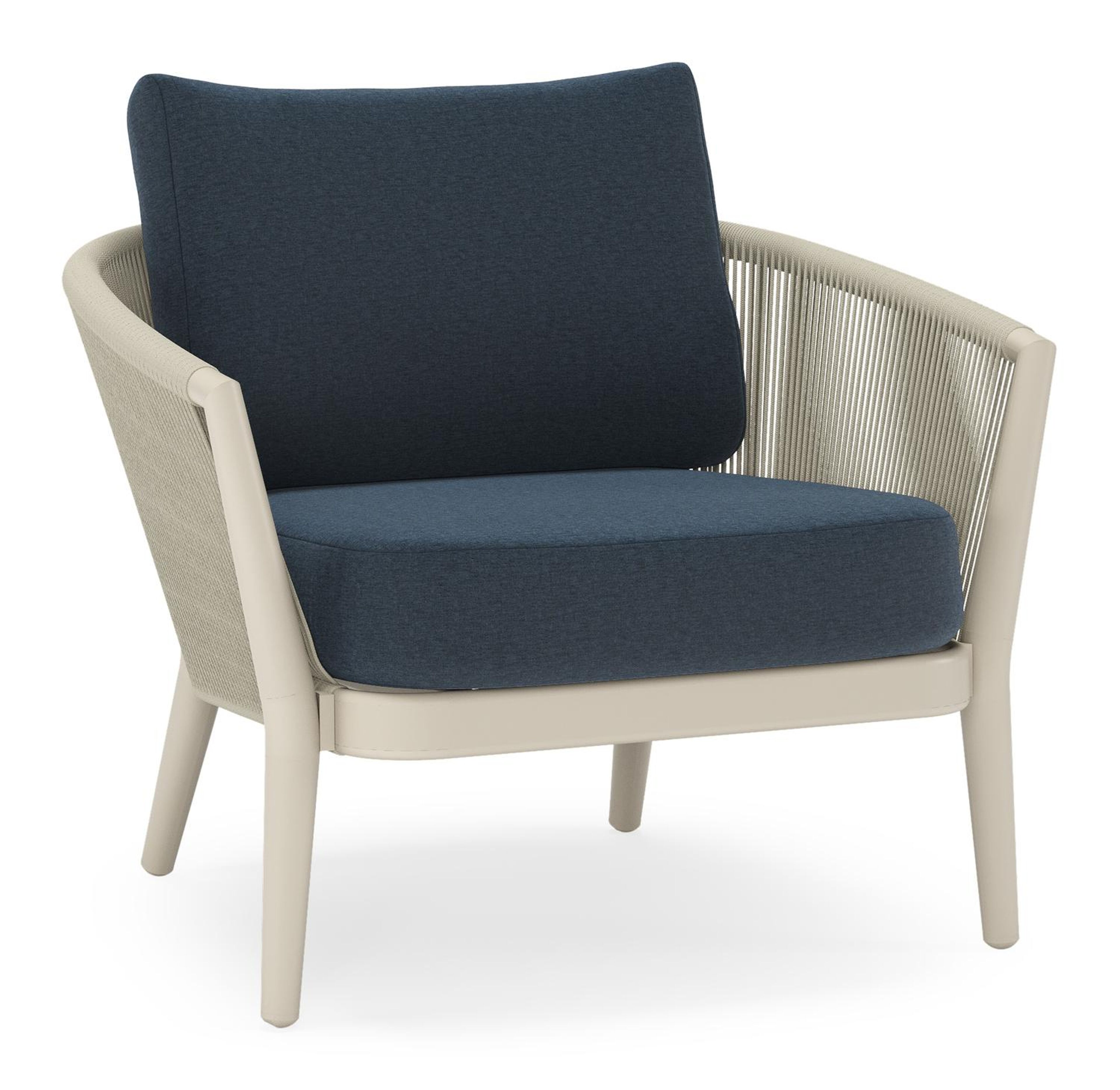 Orso loungestoel in beige aluminium en beige verticaal geweven ronde rope met Heritage Indigo all weather sunbrella® luxe kussen