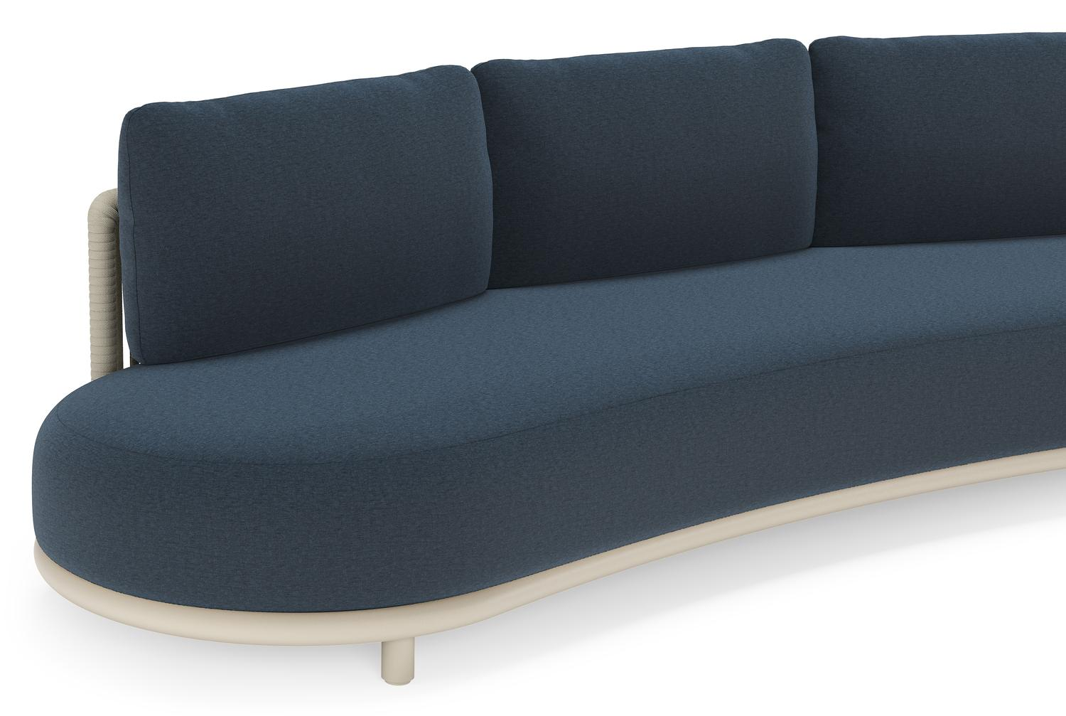 Lomano loungebank in beige aluminium en beige verticaal geweven luxe vlakke rope met Heritage Indigo all weather sunbrellaÂ® luxe