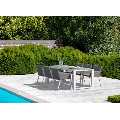 Ensemble de jardin Livo en aluminium blanc avec plateau de table en céramique verre gris et 6 chaises de jardin Rivo