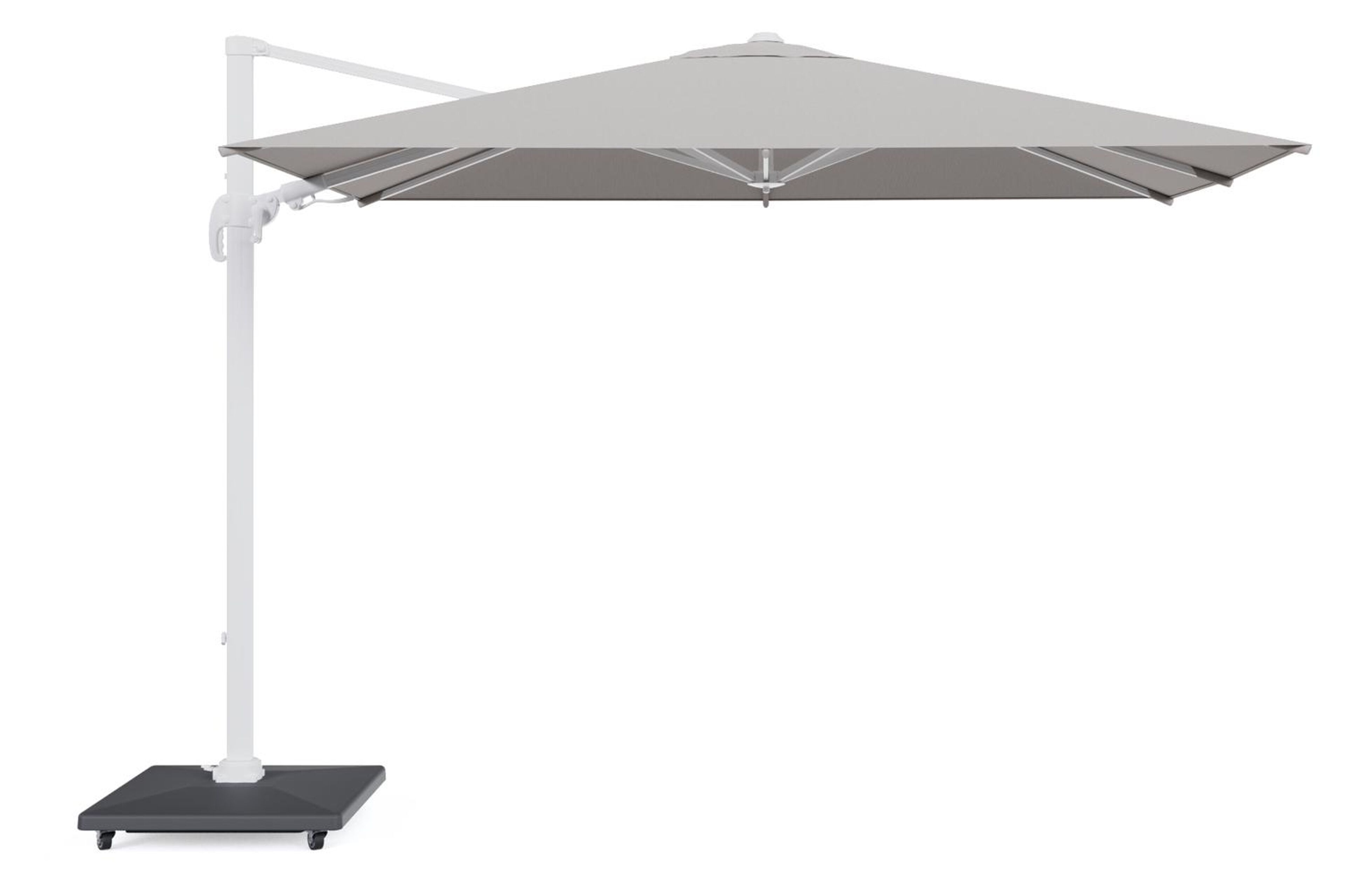 Parasol pendant Avola avec fonction tilt en aluminium blanc et toile de parasol Sunbrella® Premium Natte Graumel Chalk - Lg.1 200 x Lg.2 300 cm avec pied de parasol Avola 90 kg