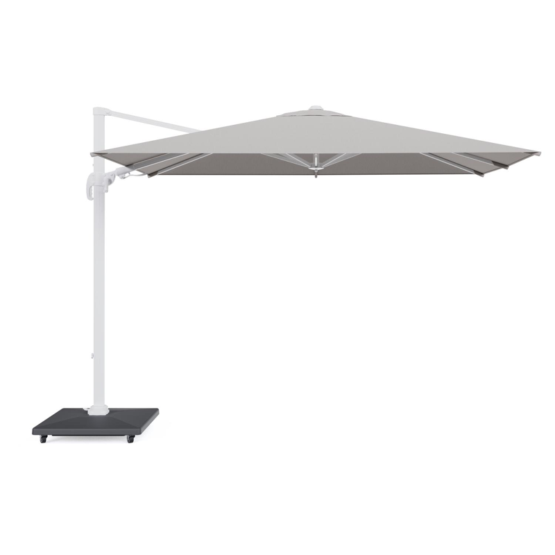 Parasol pendant Avola avec fonction tilt en aluminium blanc et toile de parasol Sunbrella® Premium Natte Graumel Chalk - Lg.1 200 x Lg.2 300 cm avec pied de parasol Avola 90 kg