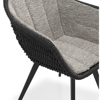Pagino tuinstoel in zwart aluminium en zwart ronde wicker met zitkussen in All Weather Sunbrella® Luxe Tundra Pepper