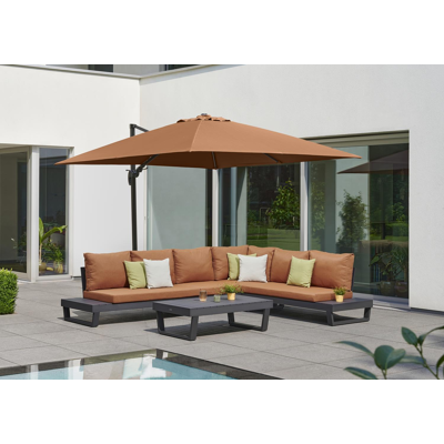 Avola zweefparasol met tiltfunctie in zwart aluminium met pumpkin weather+ softtouch parasoldoek - L1 300 x L2 300 cm (met voet)